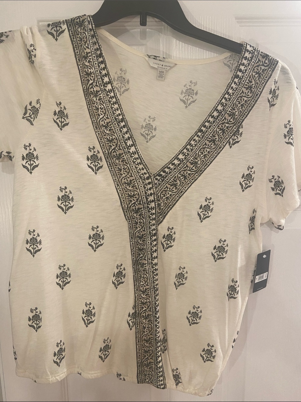 Lucky Brand Cream and Black V-Neck Printed Tunic